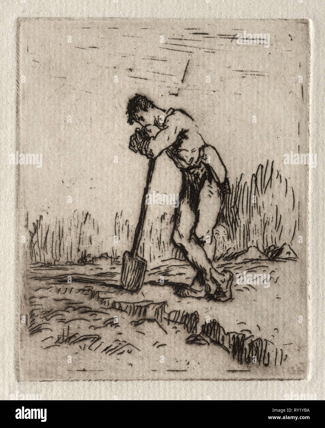 Uomo appoggiato su di una forcella. Jean-François Millet (Francese, 1814-1875). Attacco Foto Stock