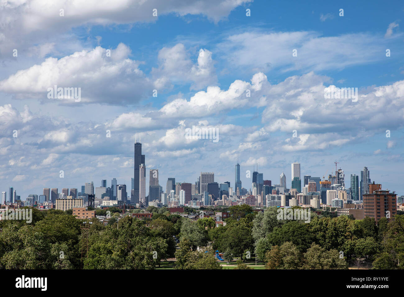 Sullo skyline di Chicago dal Miglior Tariffa Garantita Stadium, Illinois. Settembre, 2018 Foto Stock