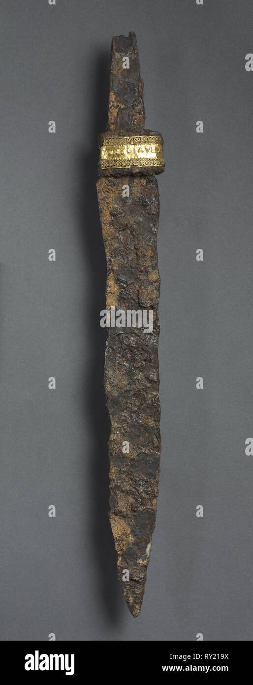 Coltello Single-Edged (Scramasax), 600s. Franchi, Champagne(?), il periodo di migrazione, il settimo secolo. Ferro, rame e di lamina di oro Foto Stock