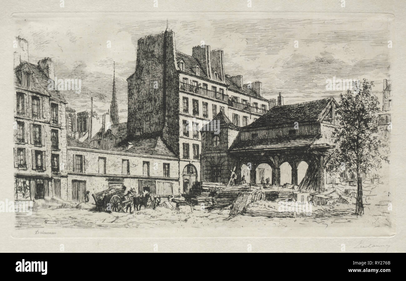 Il Marché aux veaux en la demolizione. Alfred Alexandre Delauney (Francese, 1830-1894). Incisione e puntasecca Foto Stock