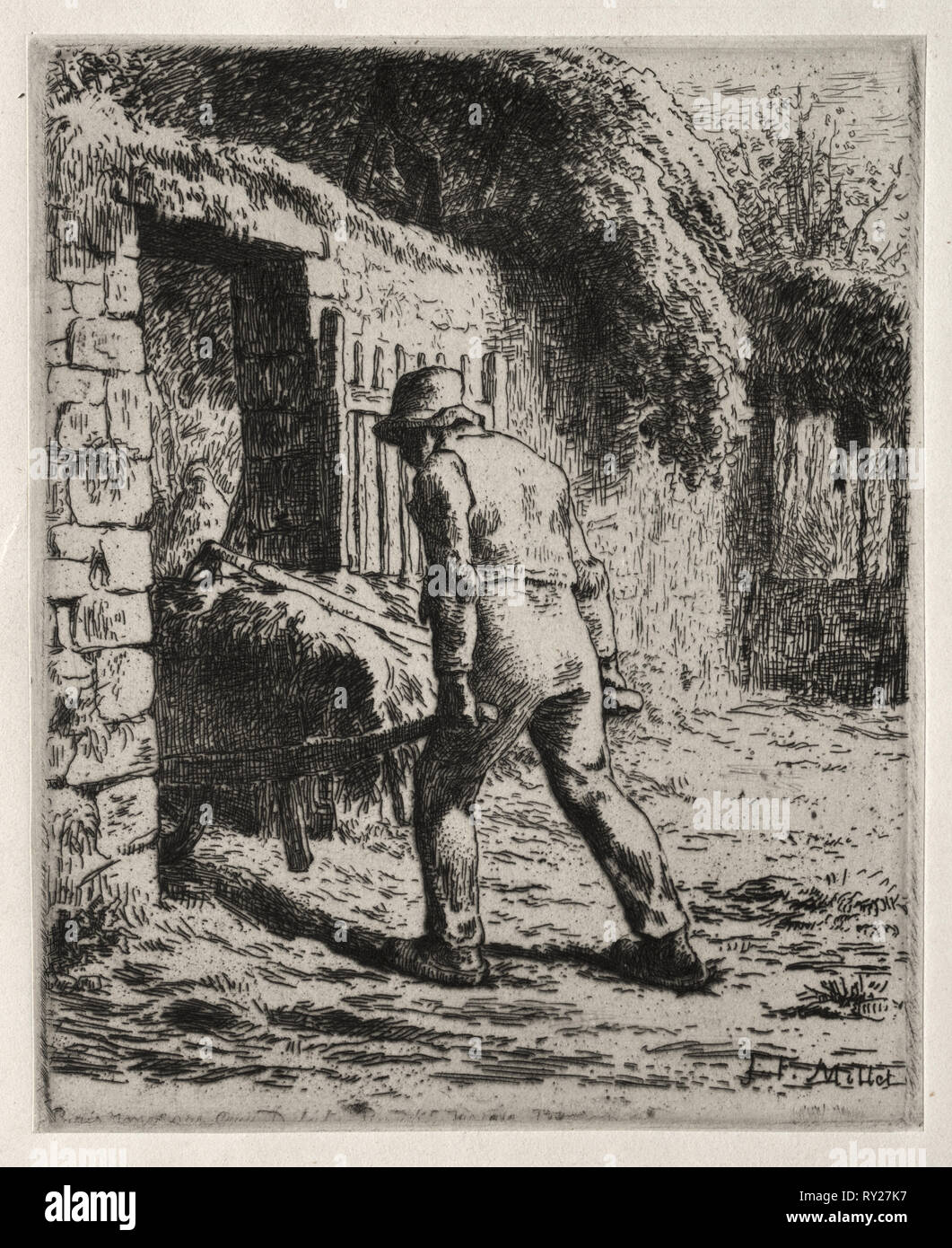 Contadino di ritorno dal mucchio di letame, 1855-1856. Jean-François Millet (Francese, 1814-1875). Incisione; piastra: 16,2 x 13,2 cm (6 3/8 x 5 3/16 in Foto Stock