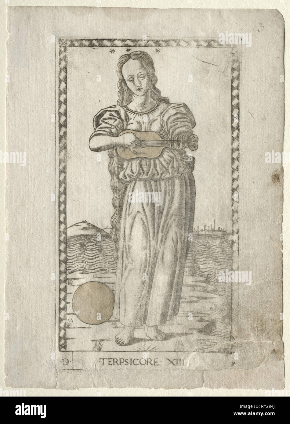 Terpsichore (danza e canto) (dalla serie dei Tarocchi D: Apollo e le Muse, #13), prima di 1467. Master della serie E-Tarocchi (italiano, XV secolo). Incisione Foto Stock