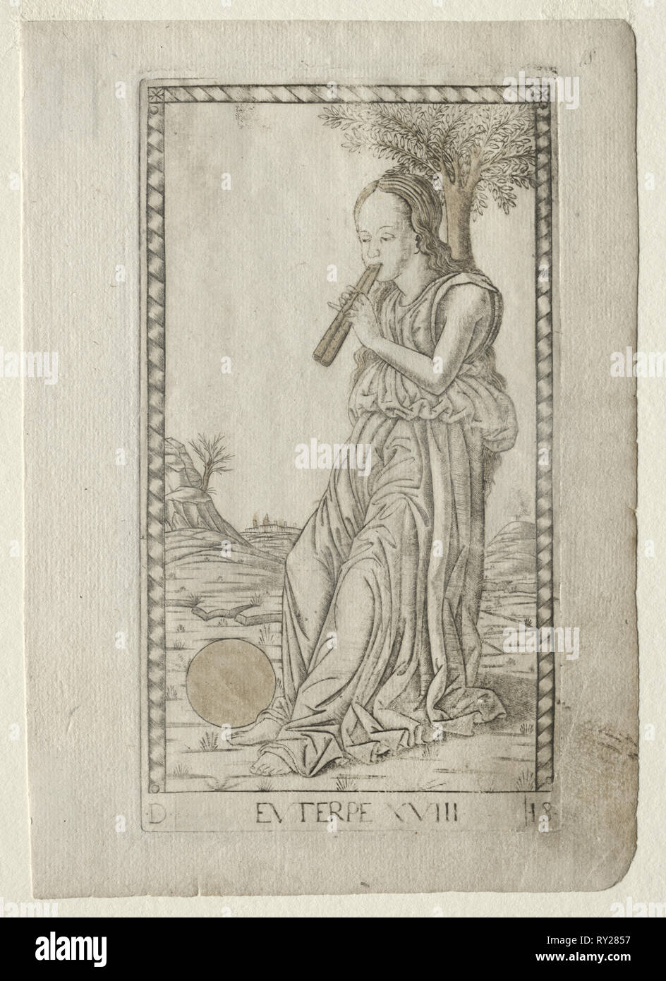 Euterpe (musica, poesia lirica) (dalla serie dei Tarocchi D: Apollo e le Muse, #18), prima di 1467. Master della serie E-Tarocchi (italiano, XV secolo). Incisioni colorate a mano con oro Foto Stock