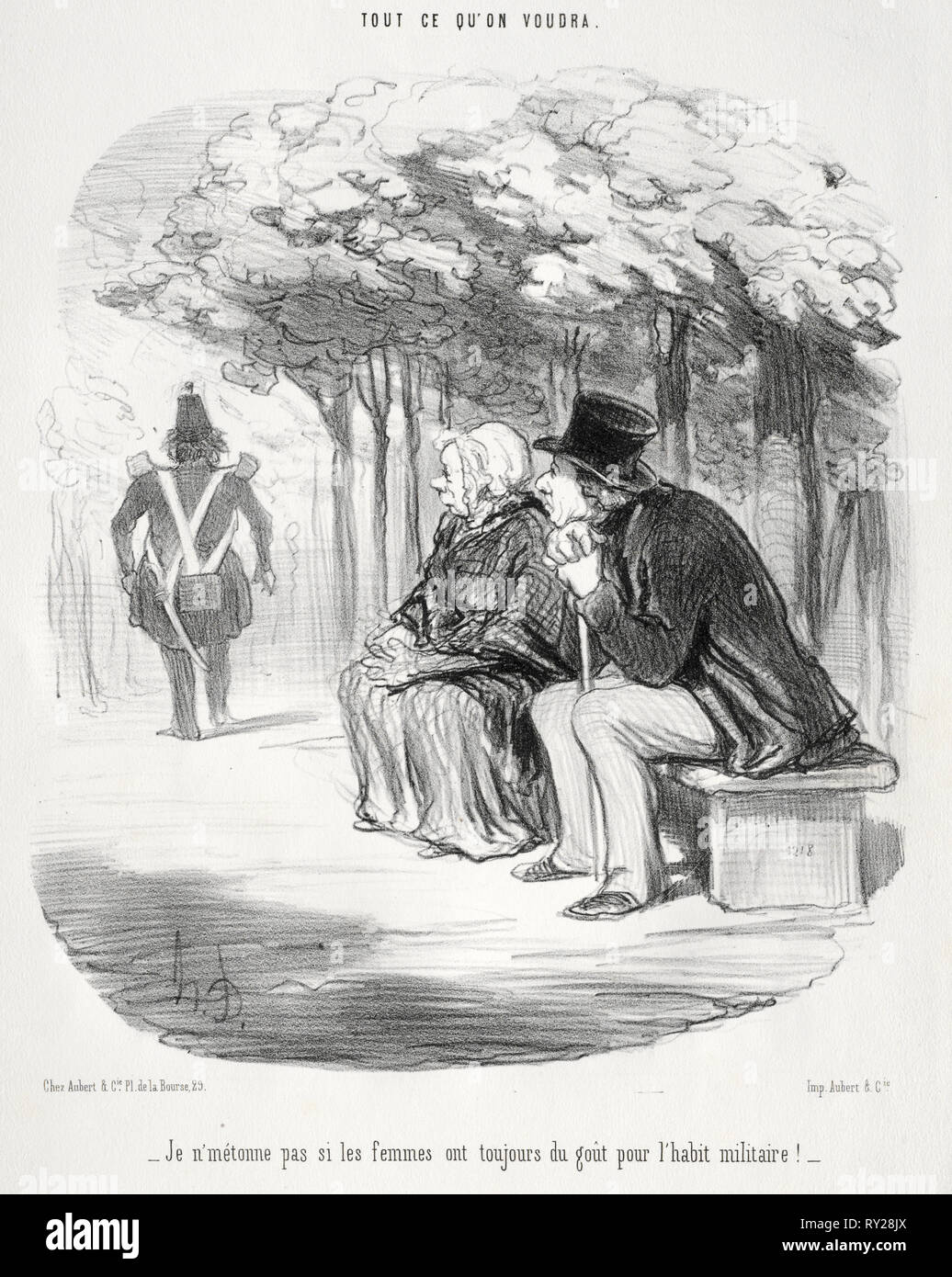 Che cosa sarà la piastra 51: Io non chiedo che le donne sono sempre appassionato dell'uniforme militare?, 1848. Honoré Daumier (Francese, 1808-1879). Litografia; foglio: 34,3 x 26,3 cm (13 1/2 x 10 3/8 in Foto Stock