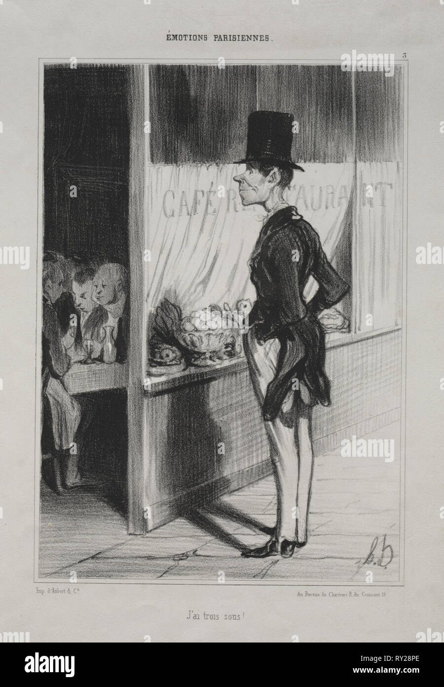 Pubblicato in le Charivari (1 settembre 1839): emozioni parigino, piastra 3: Ho tre Sous!, 1839. Honoré Daumier (Francese, 1808-1879). Litografia; immagine: 25 x 17,5 cm (9 13/16 x 6 7/8 in Foto Stock