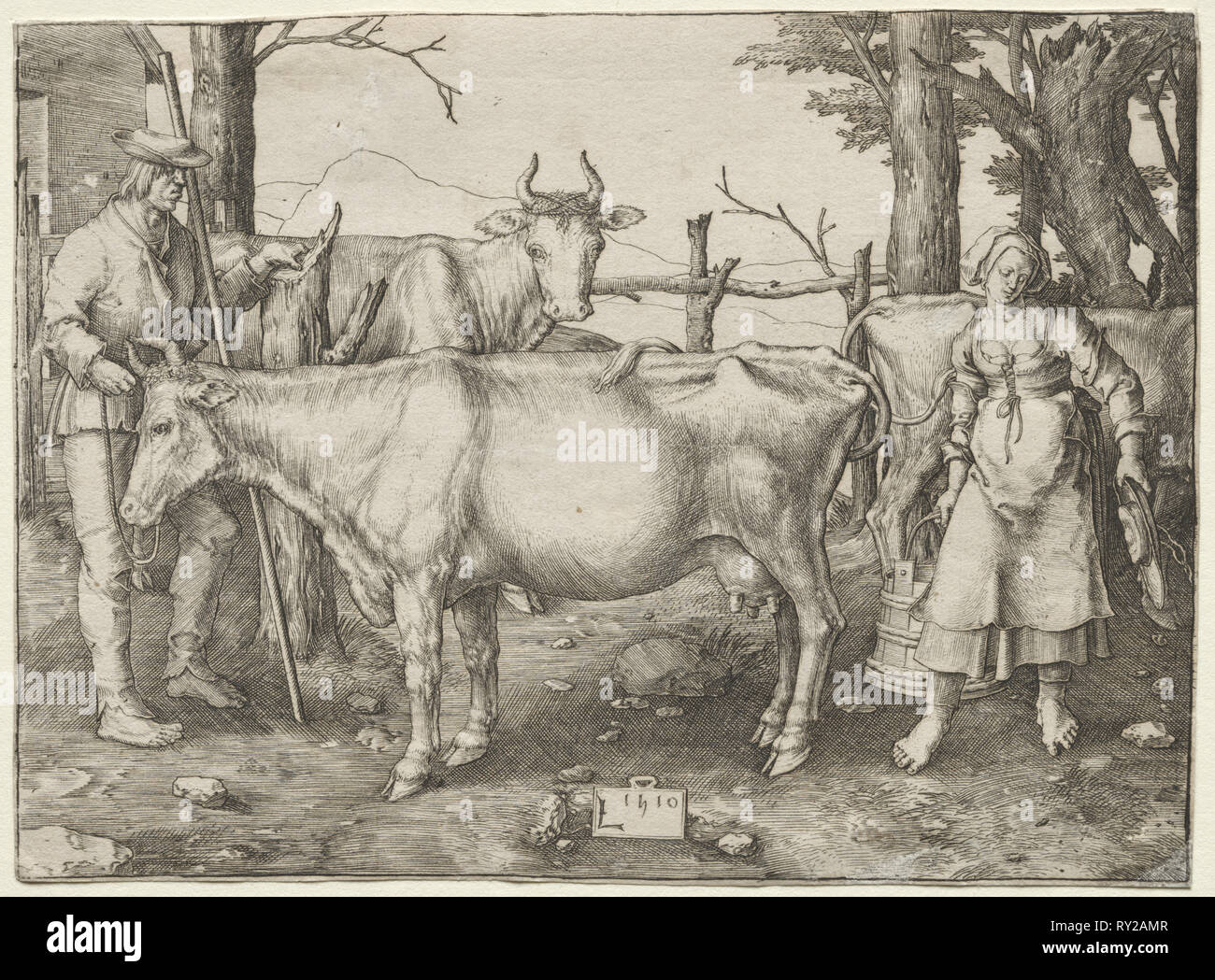 La Milkmaid, 1510. Lucas van Leyden (Olandese, 1494-1533). Incisione Foto Stock