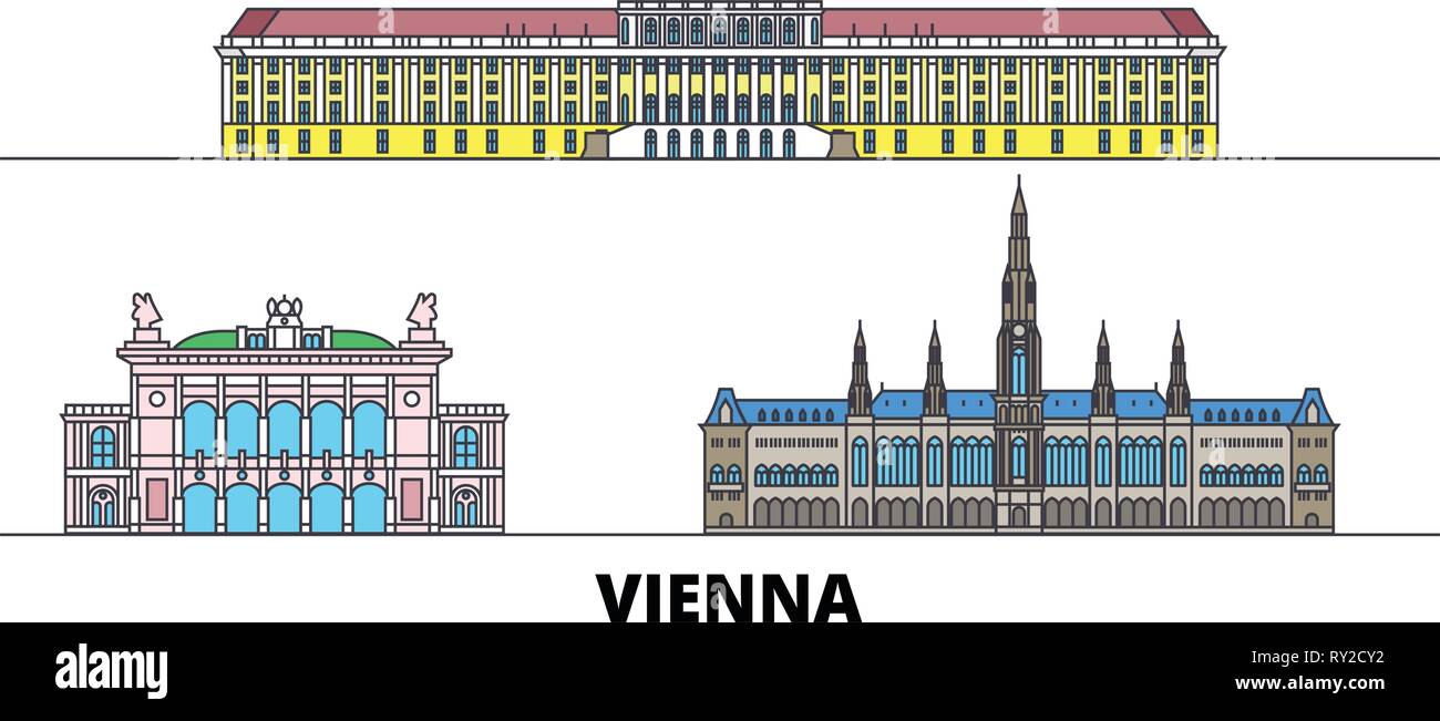 Austria, Vienna flat landmarks illustrazione vettoriale. Austria, Vienna città di linea con le più famose attrazioni di viaggio, skyline, design. Illustrazione Vettoriale