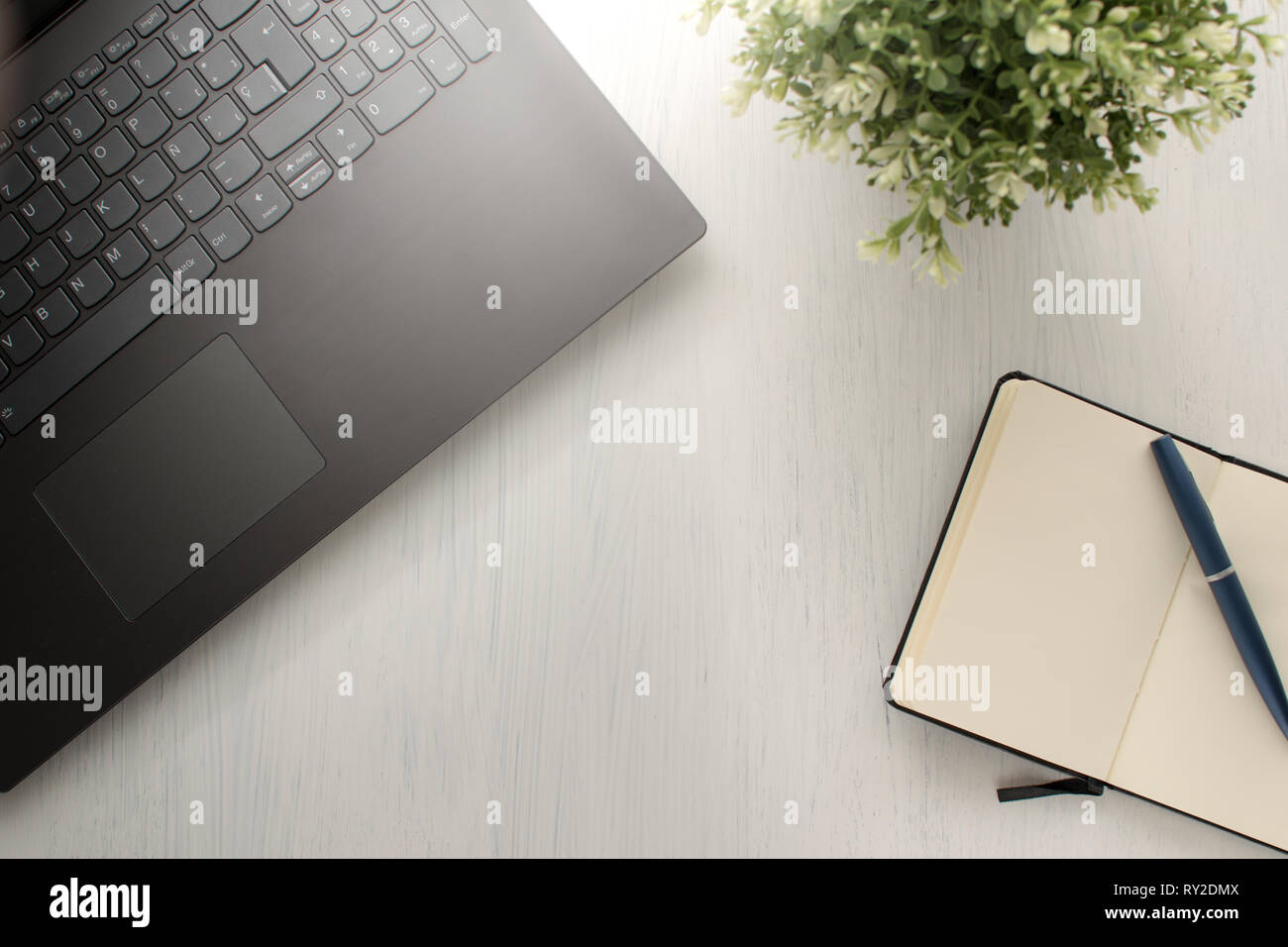 Lay piatto piano di tavolo con laptop, impianto, penna e il notebook o il diario. Spazio di copia Foto Stock