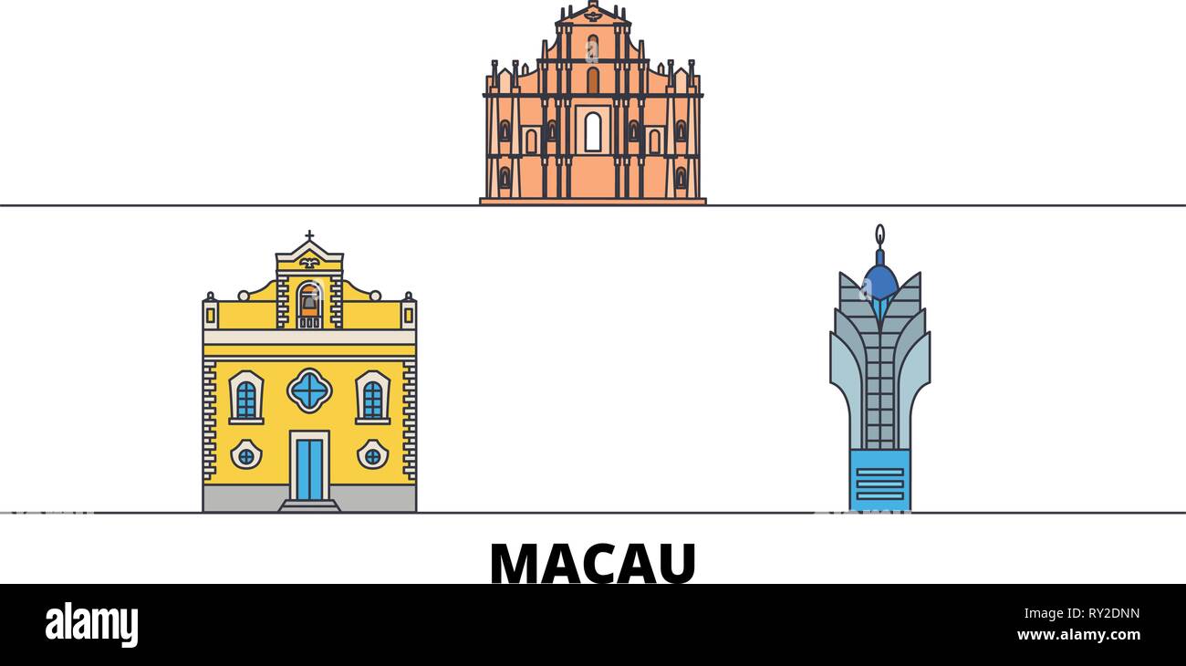 Cina, Macau flat landmarks illustrazione vettoriale. Cina, Macau città di linea con le più famose attrazioni di viaggio, skyline, design. Illustrazione Vettoriale