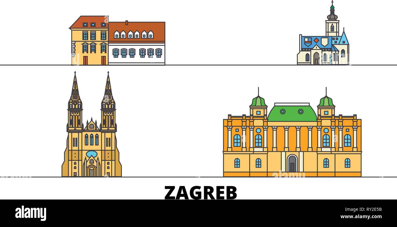 Croazia, Zagabria flat landmarks illustrazione vettoriale. Croazia, Zagabria città di linea con le più famose attrazioni di viaggio, skyline, design. Illustrazione Vettoriale