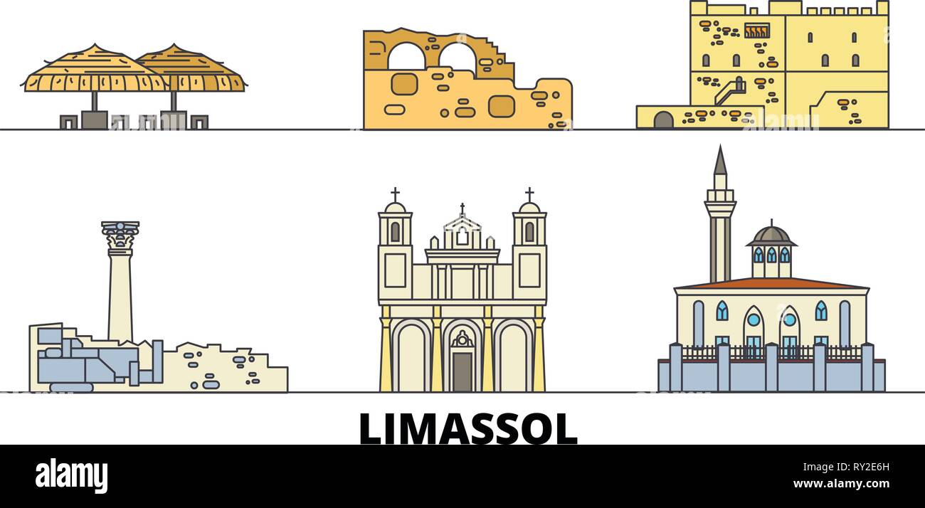 Cipro, Limassol flat landmarks illustrazione vettoriale. Cipro, Limassol città di linea con le più famose attrazioni di viaggio, skyline, design. Illustrazione Vettoriale