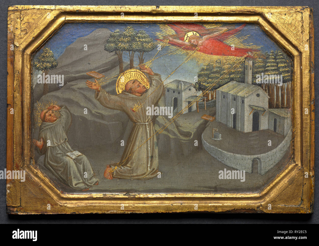 San Francesco di Assisi che riceve le stimmate, c. 1430. Bicci di Lorenzo (Italiano, 1373-1452). Tempera e oro su legno; incorniciato: 21.7 x 32 cm (8 9/16 x 12 5/8 in.); senza cornice: 17,9 x 27 cm (7 1/16 x 10 5/8 in Foto Stock