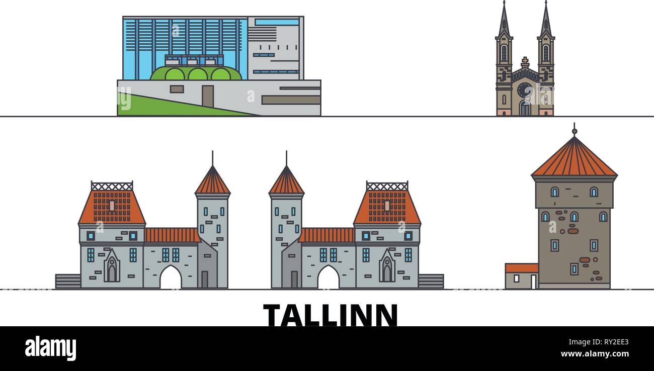 Estonia, Tallinn flat landmarks illustrazione vettoriale. Estonia, Tallinn City line con le più famose attrazioni di viaggio, skyline, design. Illustrazione Vettoriale