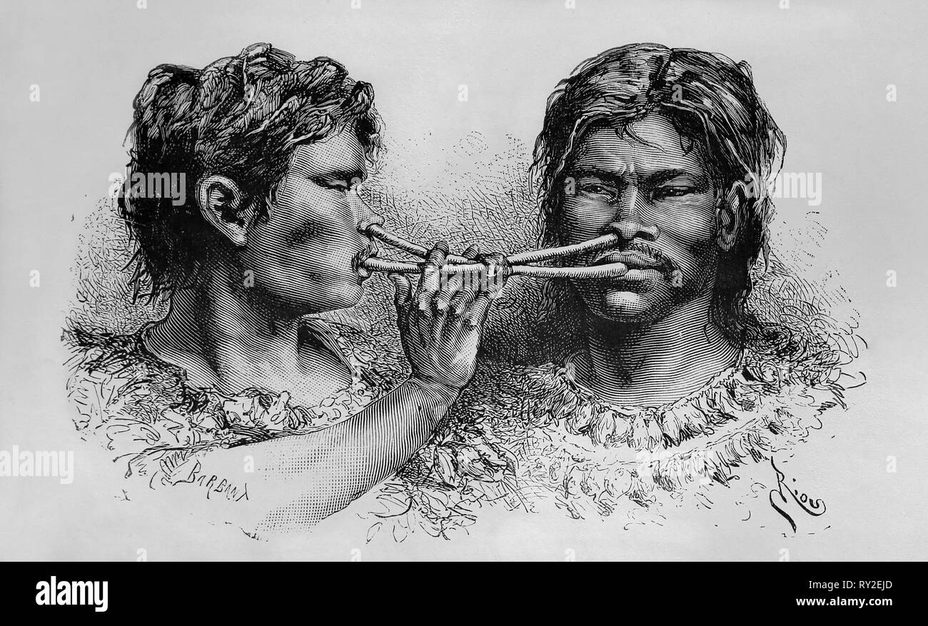 America. La Colombia. Persone Witote inalando il tabacco da fiuto. Incisione, XIX c. Foto Stock