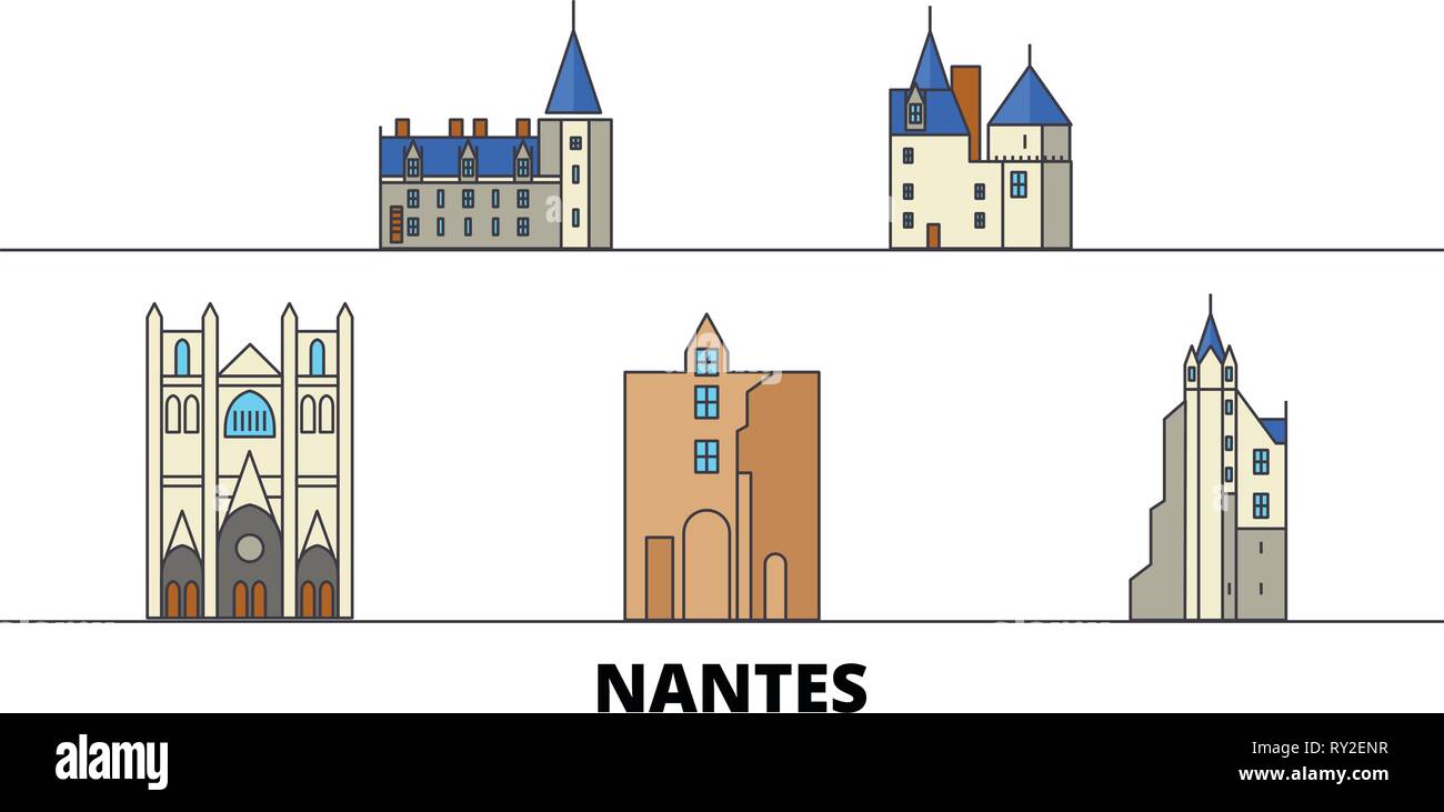 Francia, Nantes monumenti piatta illustrazione vettoriale. Francia, Nantes città di linea con le più famose attrazioni di viaggio, skyline, design. Illustrazione Vettoriale