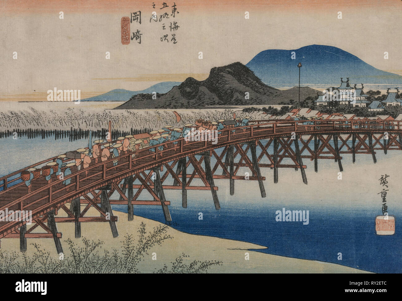 Ponte Yahagi in Okazaki (stazione 39), dalla serie Fifty-Three stazioni della linea Tokaido, 1833. Hiroshige Ando (giapponese, 1797-1858). Colore stampa woodblock; foglio: 23 x 35 cm (9 1/16 x 13 3/4 in Foto Stock