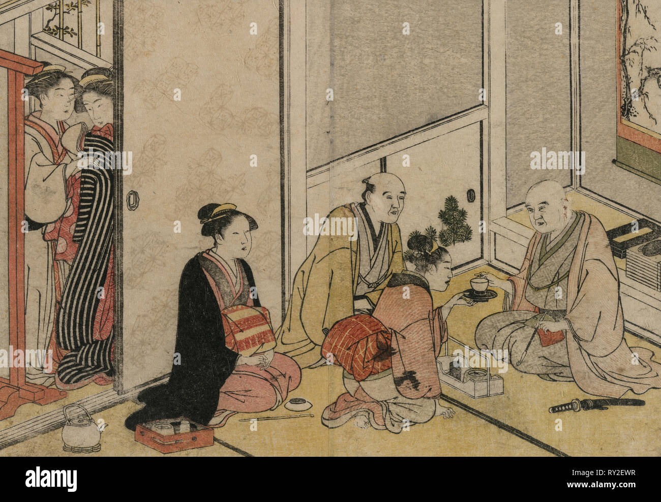 Scena in interni. Katsukawa Shunsho (giapponese, 1726-1792). Colore stampa woodblock; foglio: 17,8 x 25,8 cm (7 x 10 3/16 in Foto Stock