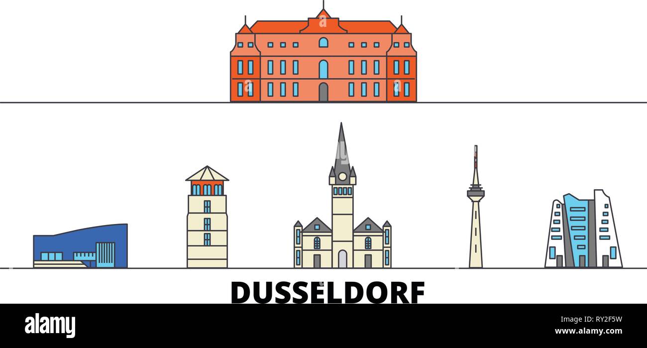 Germania, Dusseldorf Attrazioni piatta illustrazione vettoriale. Germania, linea di Dusseldorf City con le più famose attrazioni di viaggio, skyline, design. Illustrazione Vettoriale