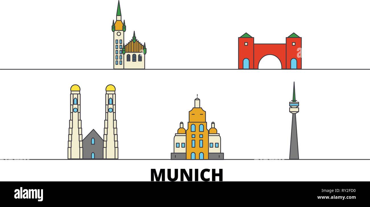 Germania Monaco flat landmarks illustrazione vettoriale. Germania Monaco città di linea con le più famose attrazioni di viaggio, skyline, design. Illustrazione Vettoriale