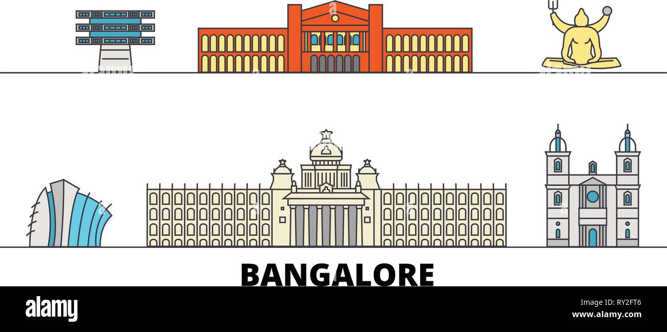 India, Bangalore flat landmarks illustrazione vettoriale. India, linea di Bangalore City con le più famose attrazioni di viaggio, skyline, design. Illustrazione Vettoriale