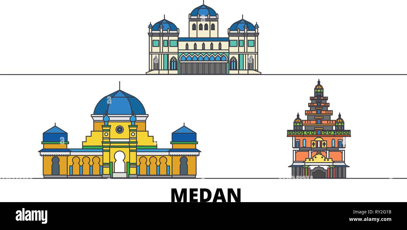 Indonesia, Medan flat landmarks illustrazione vettoriale. Indonesia, linea di Medan city con le più famose attrazioni di viaggio, skyline, design. Illustrazione Vettoriale