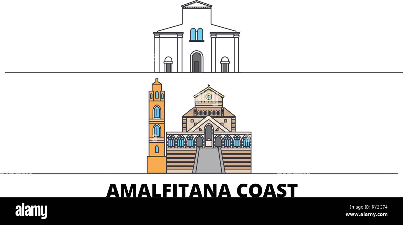 Italia Amalfi Coast flat landmarks illustrazione vettoriale. Italia Amalfi Coast line città con le più famose attrazioni di viaggio, skyline, design. Illustrazione Vettoriale