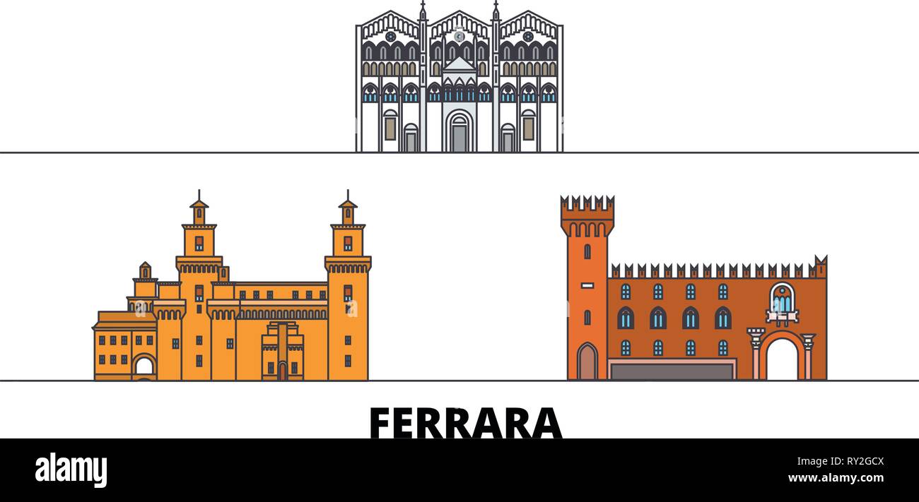 L'Italia, Ferrara flat landmarks illustrazione vettoriale. Italia a Ferrara città di linea con le più famose attrazioni di viaggio, skyline, design. Illustrazione Vettoriale