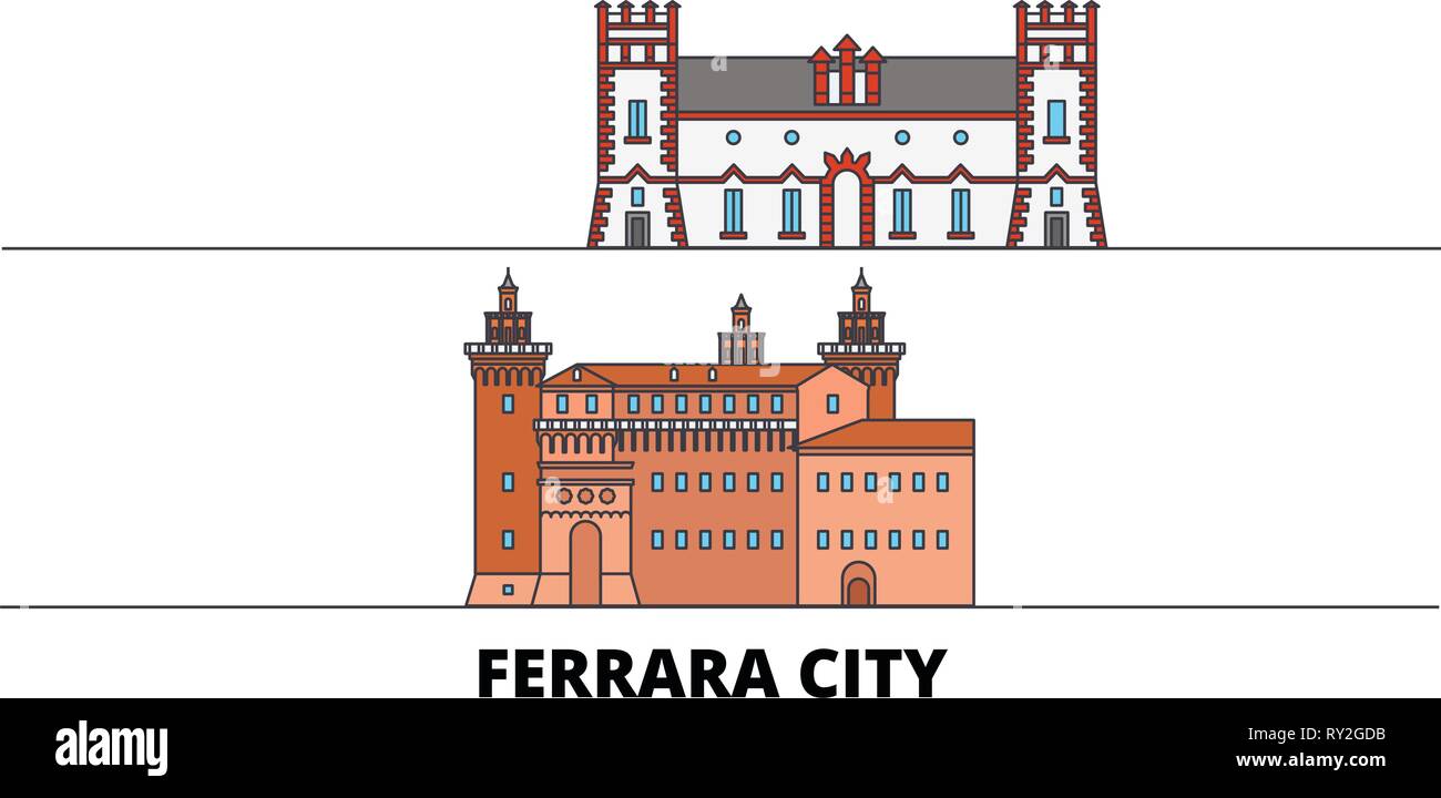 L'Italia, Ferrara city flat landmarks illustrazione vettoriale. L'Italia, la città di Ferrara città di linea con le più famose attrazioni di viaggio, skyline, design. Illustrazione Vettoriale