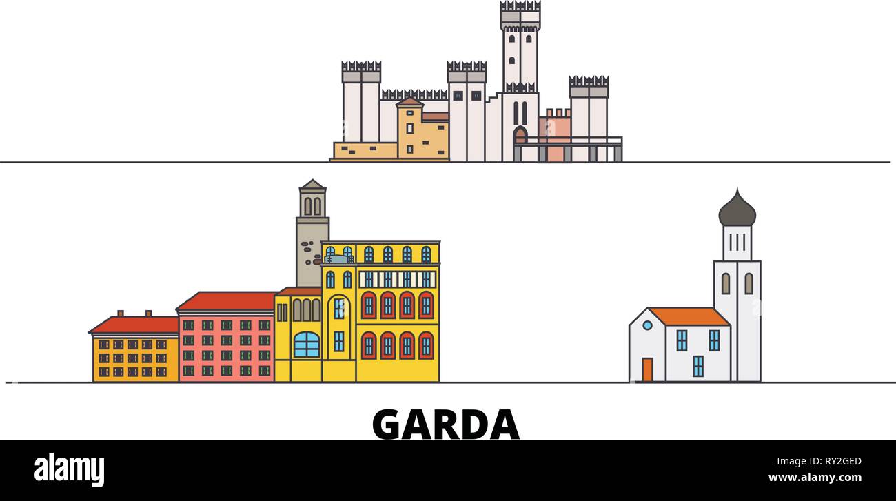 L'Italia, Garda Appartamento landmarks illustrazione vettoriale. L'Italia, Garda città di linea con le più famose attrazioni di viaggio, skyline, design. Illustrazione Vettoriale