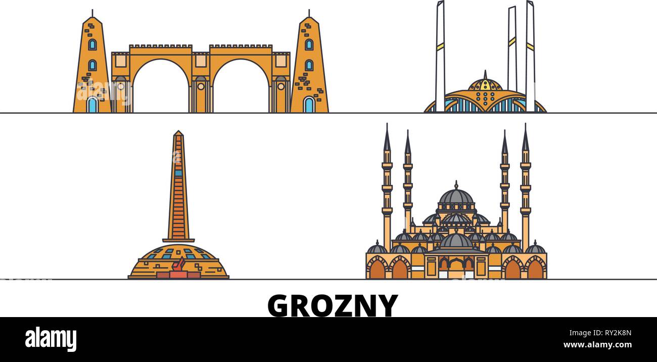 Russia, Grozny flat landmarks illustrazione vettoriale. Russia, Grozny città di linea con le più famose attrazioni di viaggio, skyline, design. Illustrazione Vettoriale