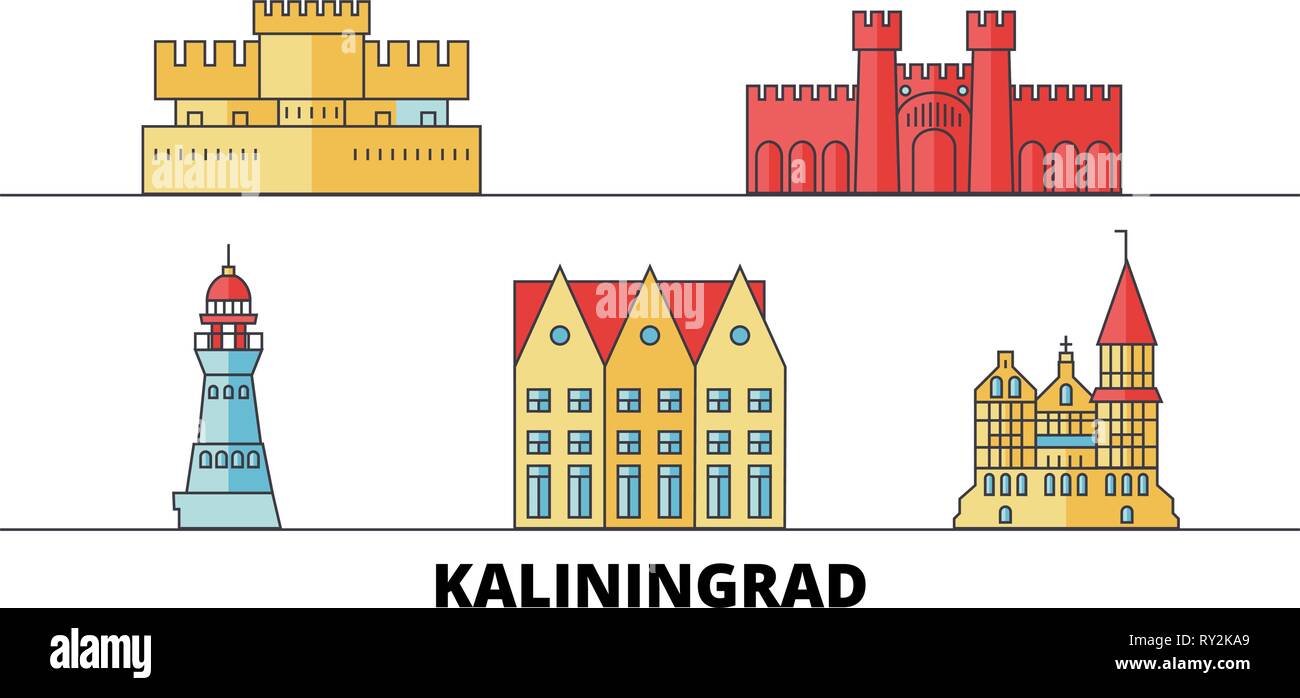 Russia, Kaliningrad city flat landmarks illustrazione vettoriale. Russia, della città di Kaliningrad città di linea con le più famose attrazioni di viaggio, skyline, design. Illustrazione Vettoriale