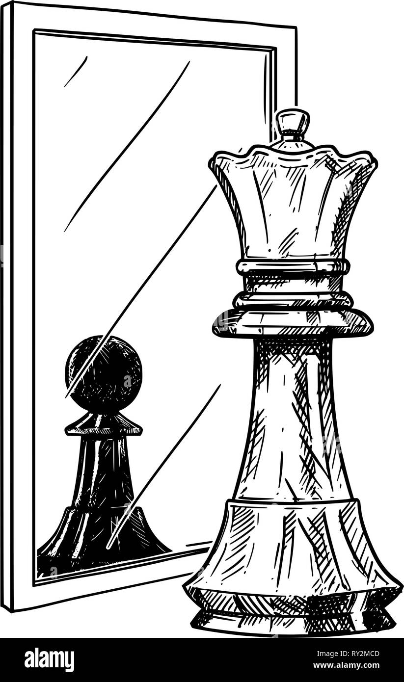 Disegno animato di bianco re di scacchi riflettendo a specchio come pedone nero, metafora di fiducia Illustrazione Vettoriale
