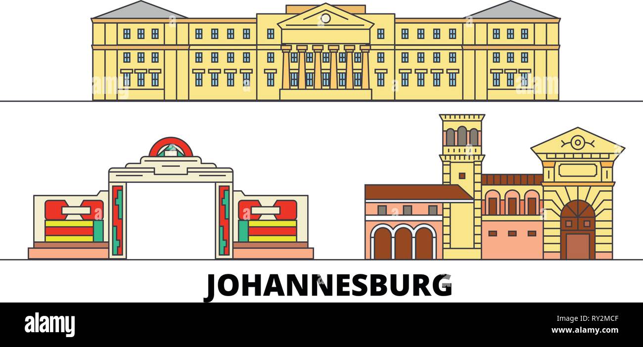 Sud Africa, Johannesburg punti di riferimento piatta illustrazione vettoriale. Sud Africa, Johannesburg città di linea con le più famose attrazioni di viaggio, skyline, design. Illustrazione Vettoriale