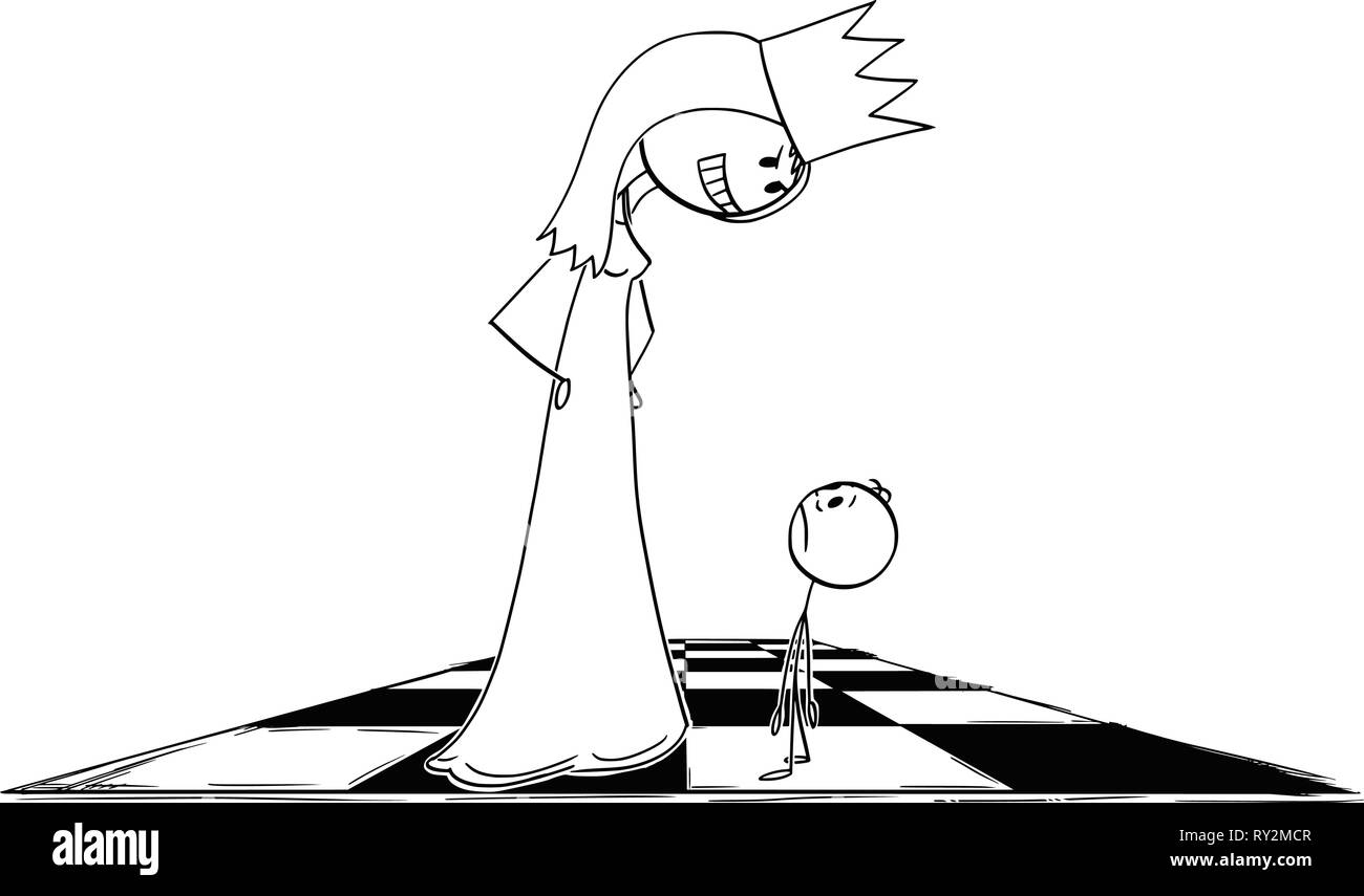 Cartoon di grande minacciosa regina di scacchi guardando pedina di piccole dimensioni Illustrazione Vettoriale