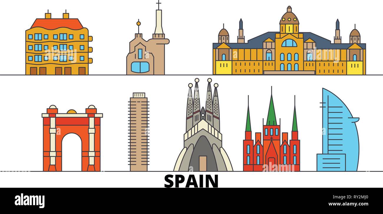 Spagna, Barcelona flat landmarks illustrazione vettoriale. Spagna, Barcellona città di linea con le più famose attrazioni di viaggio, skyline, design. Illustrazione Vettoriale