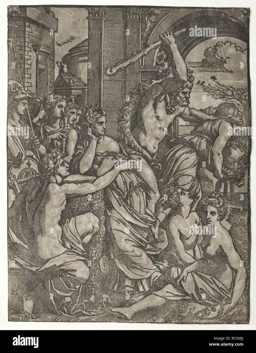 Hercules invidia di guida dal Tempio delle muse, 1522-24. Ugo da Carpi (Italiano, c. 1479-c. 1532), dopo Balthasar Peruzzi (Italiano, 1481-1536). Incisione a legno in chiaroscuro (in bianco e nero e grigio); foglio: 29,5 x 22,5 cm (11 5/8 x 8 7/8 in Foto Stock