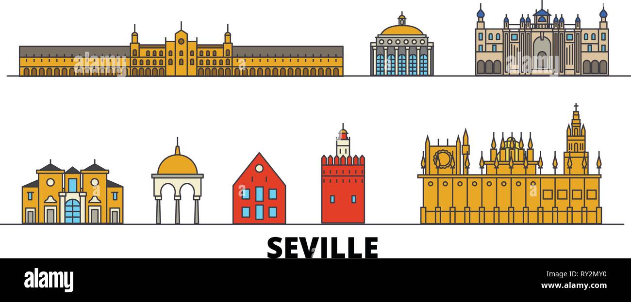 Spagna siviglia monumenti piatta illustrazione vettoriale. Spagna siviglia città di linea con le più famose attrazioni di viaggio, skyline, design. Illustrazione Vettoriale