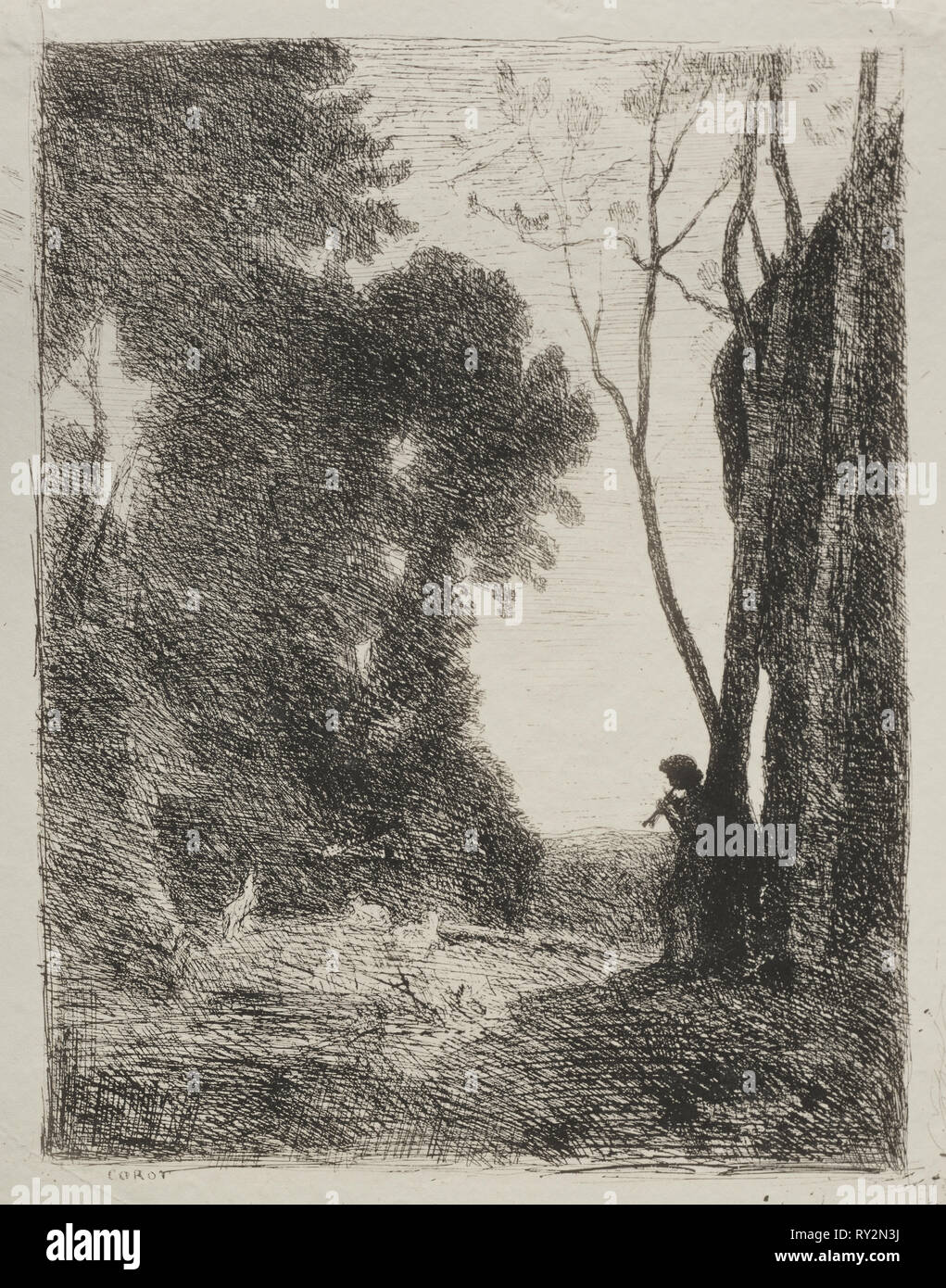 Il piccolo pastore, IMPRESSIONE ORIGINALE 1855, stampato in 1921. Jean Baptiste Camille Corot (Francese, 1796-1875). Il cliché-verre; foglio: 36,3 x 28,5 cm (14 5/16 x 11 1/4 in.); immagine: 33,5 x 25,5 cm (13 3/16 x 10 1/16 in Foto Stock