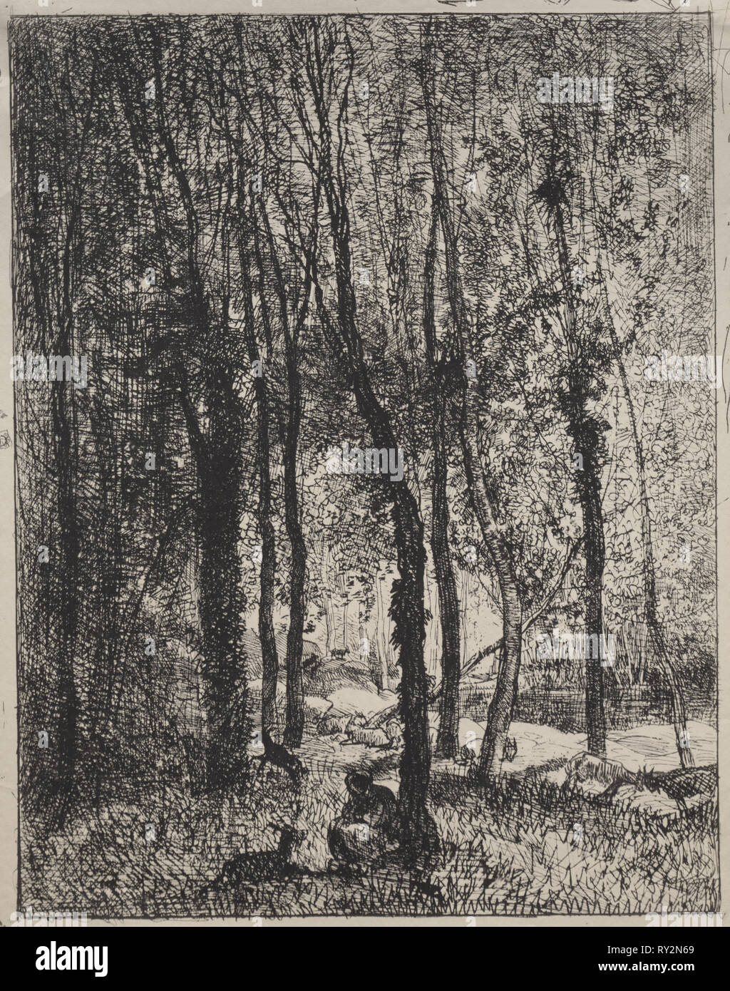 Il capraio Girl, IMPRESSIONE ORIGINALE 1862, stampato in 1921. Charles François Daubigny (Francese, 1817-1878). Il cliché-verre; foglio: 36,2 x 28,9 cm (14 1/4 x 11 3/8 in.); platemark: 34,4 x 26,7 cm (13 9/16 x 10 1/2 in Foto Stock