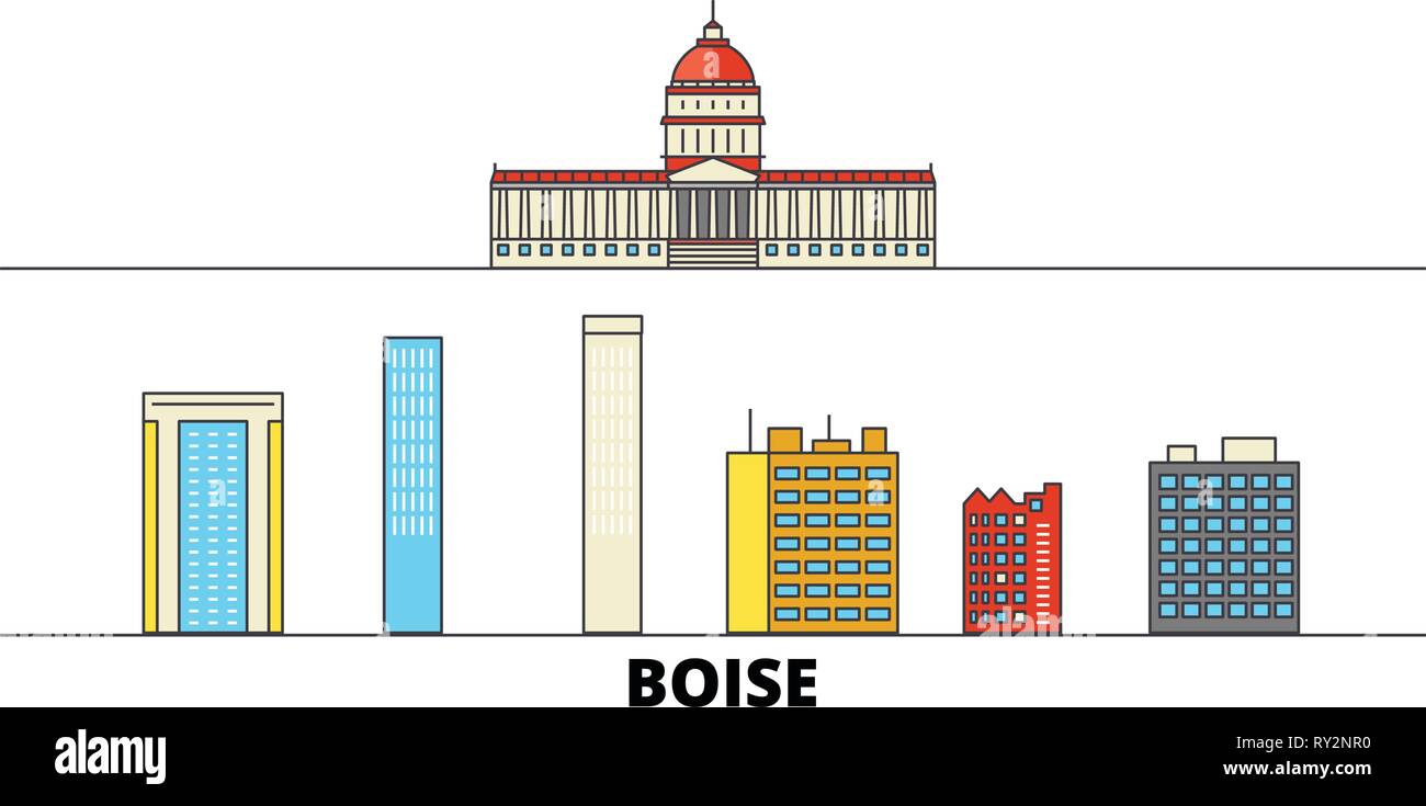 Stati Uniti Boise flat landmarks illustrazione vettoriale. Stati Uniti, linea di Boise City con le più famose attrazioni di viaggio, skyline, design. Illustrazione Vettoriale