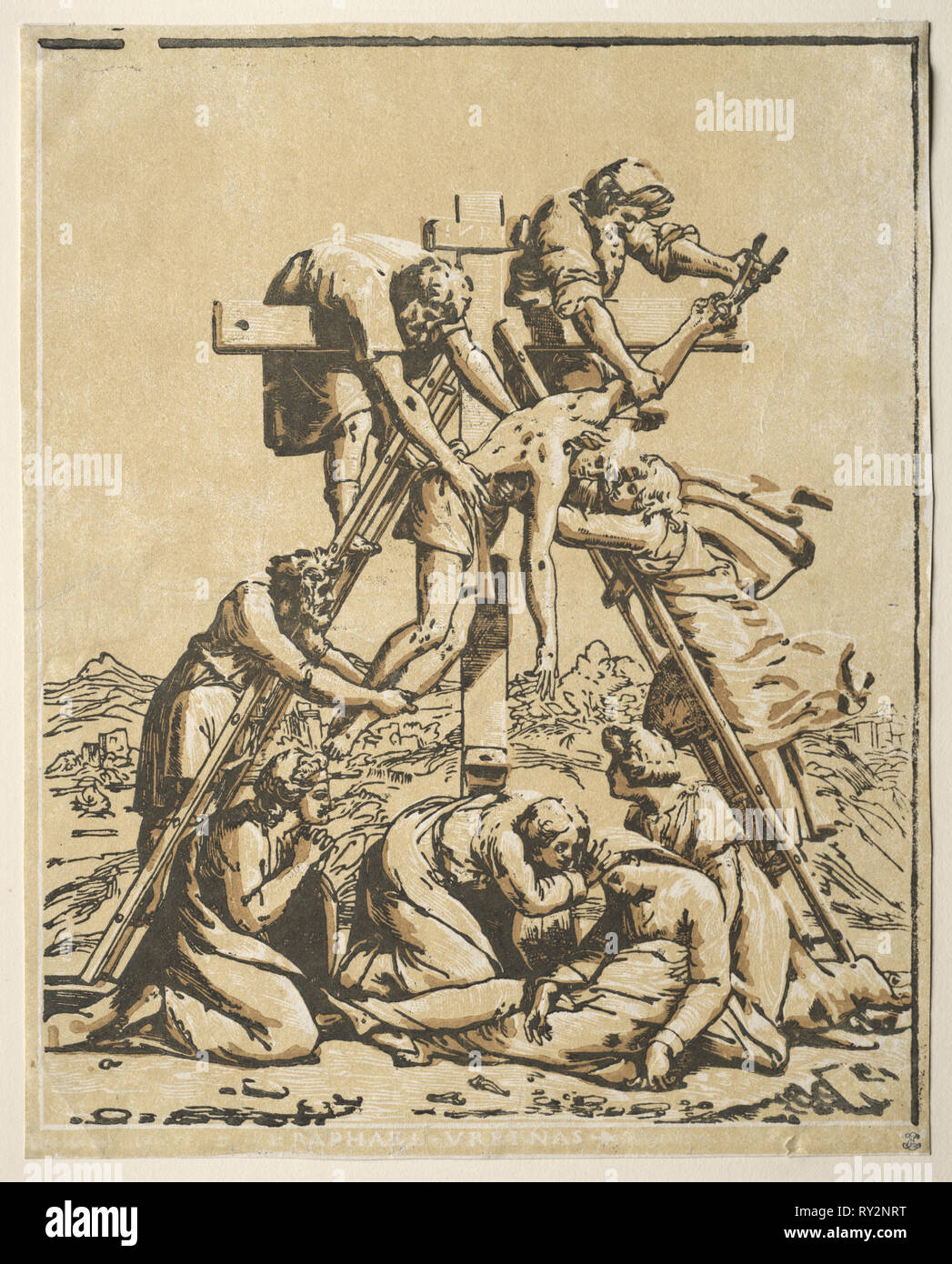 Discesa dalla Croce. Ugo da Carpi (Italiano, c. 1479-c. 1532), dopo Raphael (Italiano, 1483-1520). Incisione a legno in chiaroscuro Foto Stock