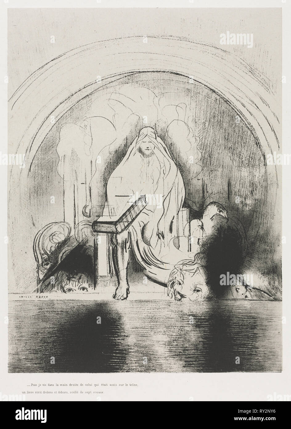 L'Apocalisse di San Giovanni, e vidi nella mano destra di colui che sedeva sul trono un libro scritto di dentro e sul retro vicino sigillato con sette sigilli, 1899. Odilon Redon (Francese, 1840-1916). Litografia Foto Stock