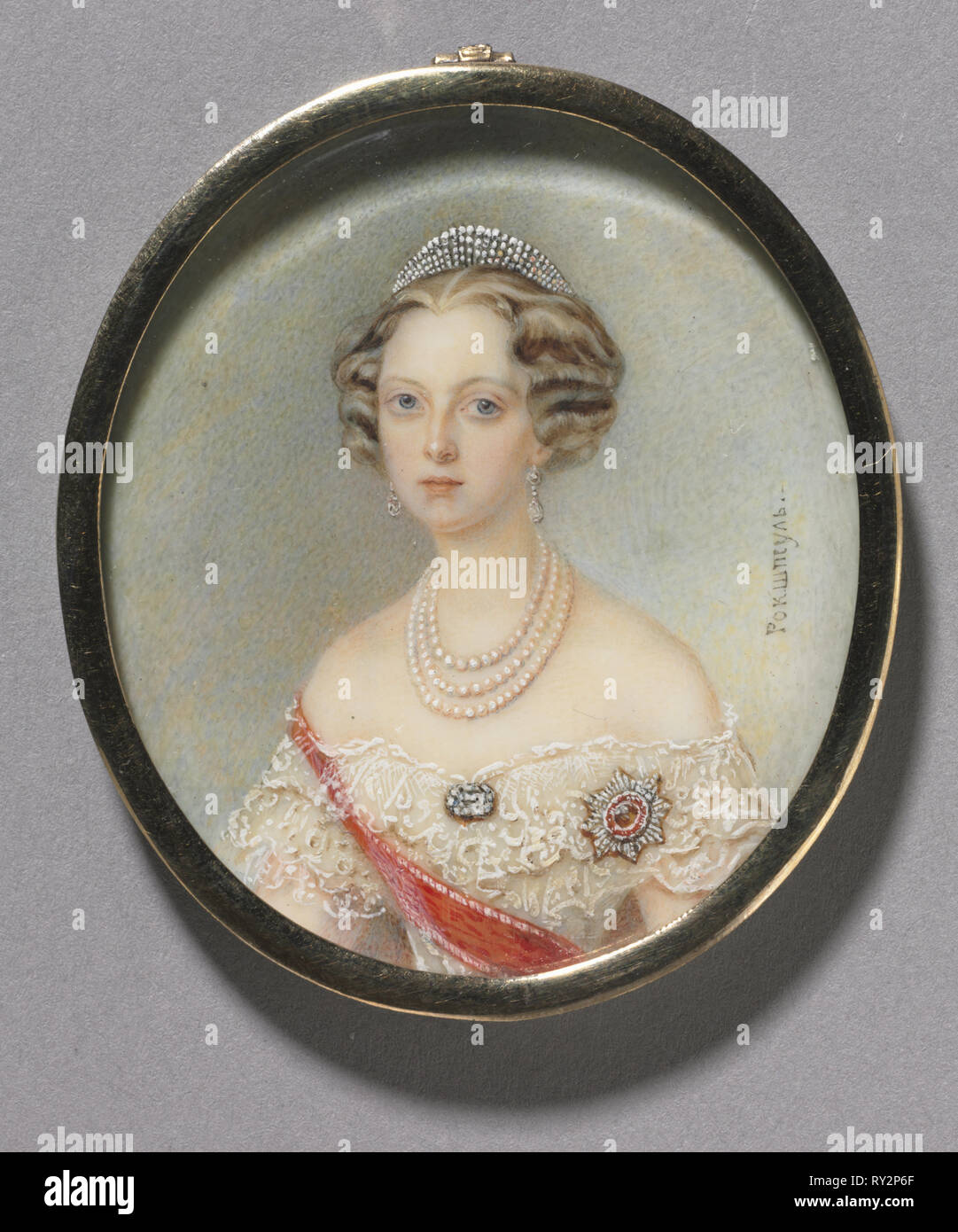 Ritratto di una donna, forse la principessa Cecilie di Baden, Granduchessa Olga Feodorovna, c. 1860. Alois Gustav Rockstuhl (Russo, 1798-1877). Acquerello su avorio in metallo dorato mount; incorniciato: 5,5 x 4,8 cm (2 3/16 x 1 7/8 in.); senza cornice: 5,1 x 4,5 cm (2 x 1 3/4 Foto Stock