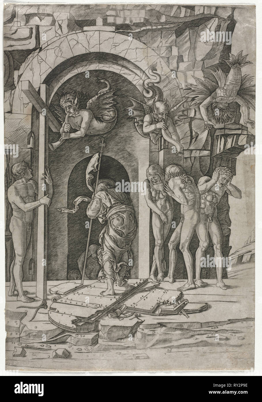 Discesa al Limbo, c. 1490-1500. Giovanni Antonio da Brescia (italiano), dopo Andrea Mantegna (Italiano, 1431-1506). L'incisione; foglio: 41,2 x 28,2 cm (16 1/4 x 11 1/8 in.); mat dimensioni: 56 x 40,7 cm (22 1/16 x 16 Foto Stock