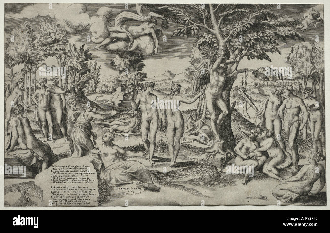 Amore nell'Elysian Fields, 1563. Giulio Bonasone (Italiano, c. 1510-dopo il 1576). Incisione Foto Stock