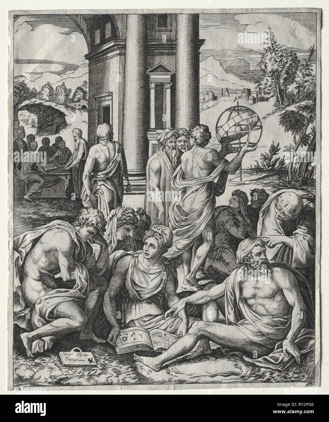 Un gruppo di studiosi, c. 1515/1527. Marco Dente (Italiano, c. 1486-1527), dopo Francesco Salviati (Italiano, 1510-1563). L'incisione; foglio: 24 x 19,8 cm (9 7/16 x 7 13/16 in Foto Stock