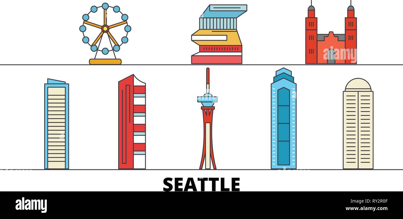 Stati Uniti, Seattle flat landmarks illustrazione vettoriale. Stati Uniti, Seattle città di linea con le più famose attrazioni di viaggio, skyline, design. Illustrazione Vettoriale