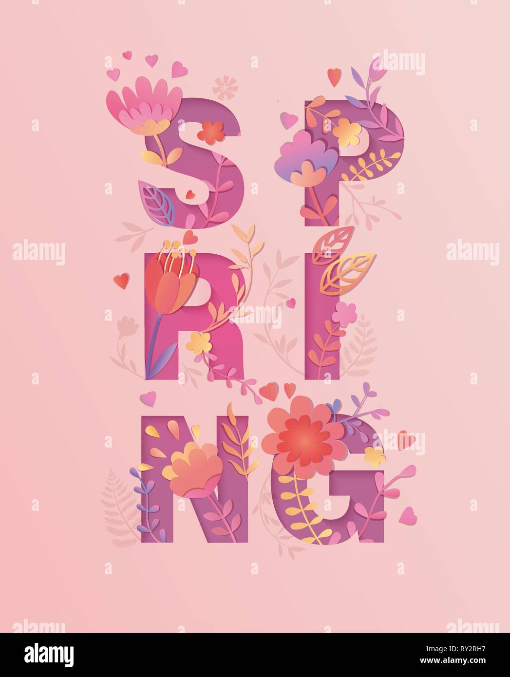 Scheda a molla, papercut stile. Bellissimi fiori e foglie crescono in parola su sfondo rosa.vettore verticale illustrazione per la nuova stagione. Per desi Illustrazione Vettoriale