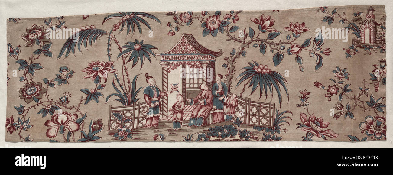Chinoiserie un brano Design, primi 1800s. Inghilterra, all'inizio del XIX secolo. Blocco cotone stampato; complessivo: 23,2 x 64,7 cm (9 1/8 x 25 1/2 in Foto Stock