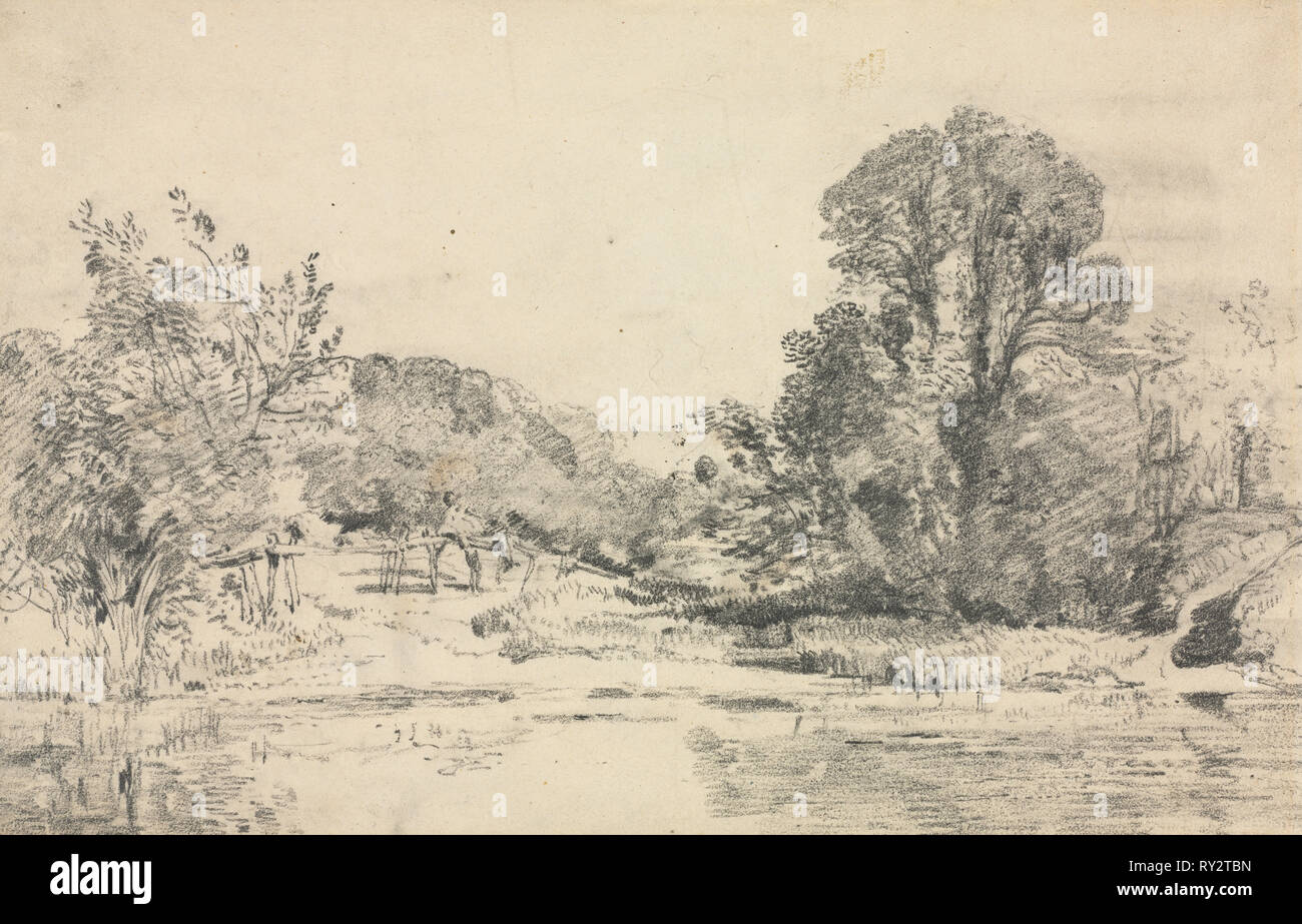 Paesaggio con alberi che circondano un laghetto. John Constable (British, 1776-1837). Grafite; foglio: 19,5 x 31,1 cm (7 11/16 x 12 1/4 in Foto Stock
